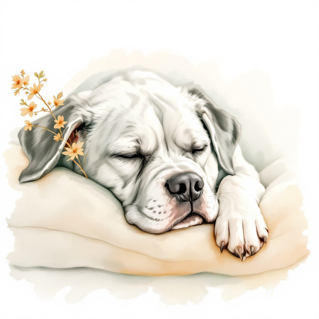 Botanical watercolor illustration of a senior dog resting peacefully