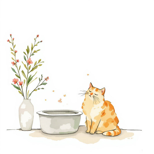 Watercolor illustration of a cat sitting calmly at home