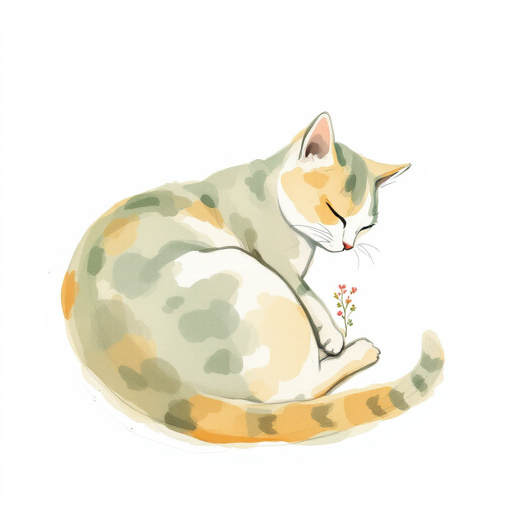 Watercolor illustration of a cat curled up resting comfortably