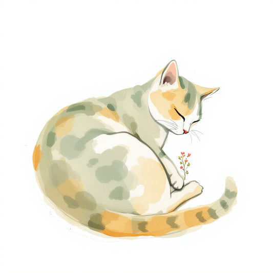 Watercolor illustration of a cat curled up resting comfortably