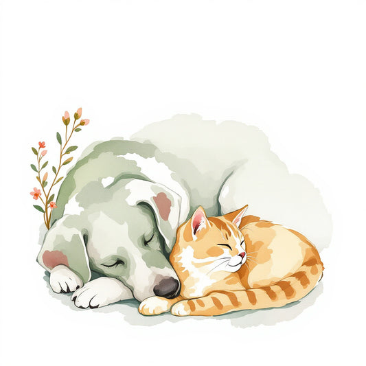 Watercolor illustration of a dog and cat resting together