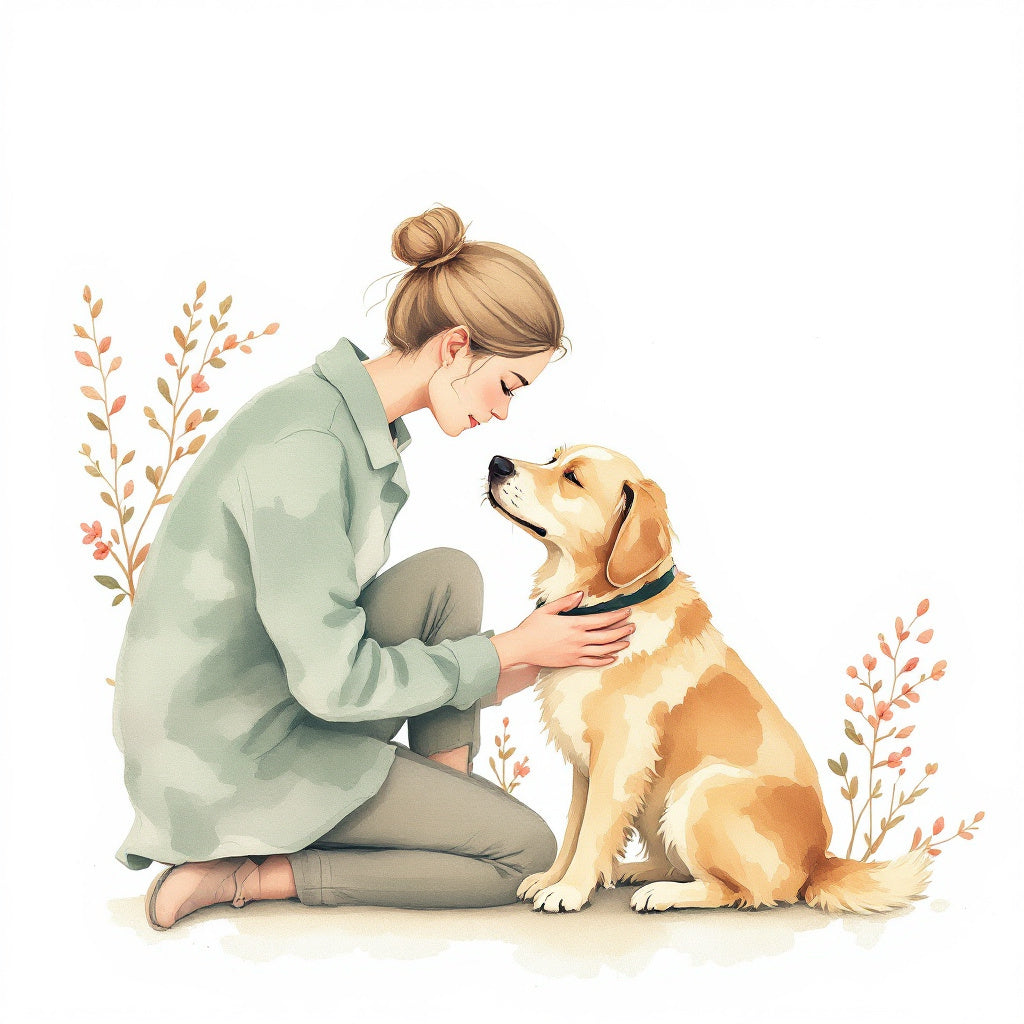 Botanical watercolor illustration of an owner calmly comforting their dog