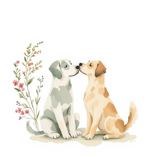 Botanical watercolor illustration of a rescue dog being gently comforted by its owner's hand