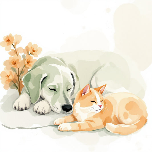 Watercolor illustration of a dog and cat resting calmly side by side