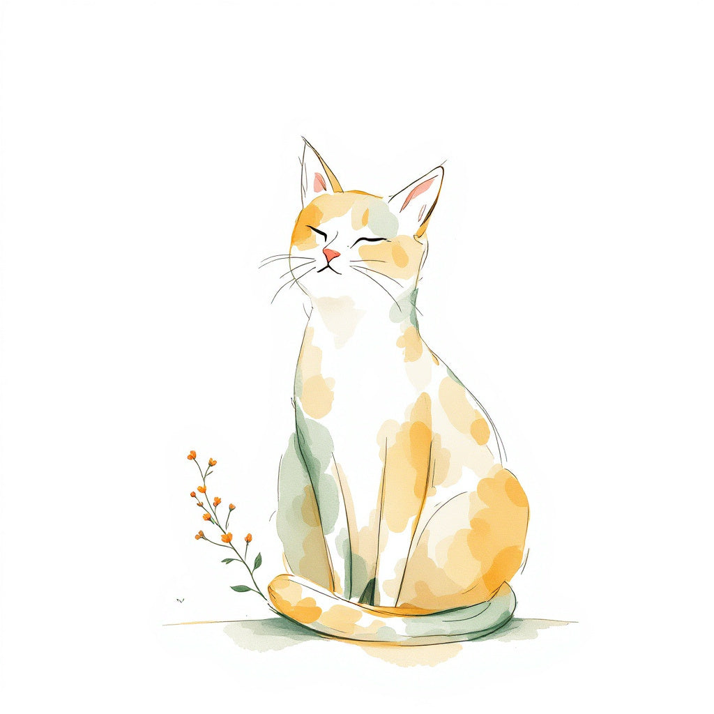 Watercolor illustration of a calm cat sitting alert