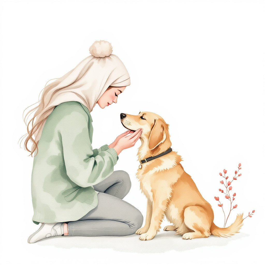 Botanical watercolor illustration of an owner checking their dog's itchy skin