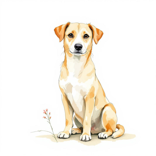 Watercolor illustration of a calm, alert dog