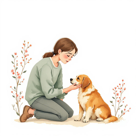 Botanical watercolor illustration of a worried owner checking on their dog