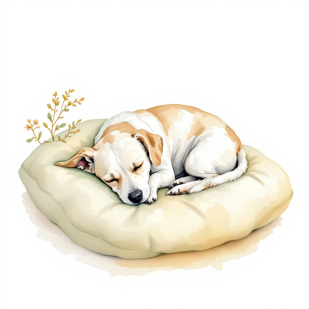 Watercolor illustration of a dog resting calmly on a cushion