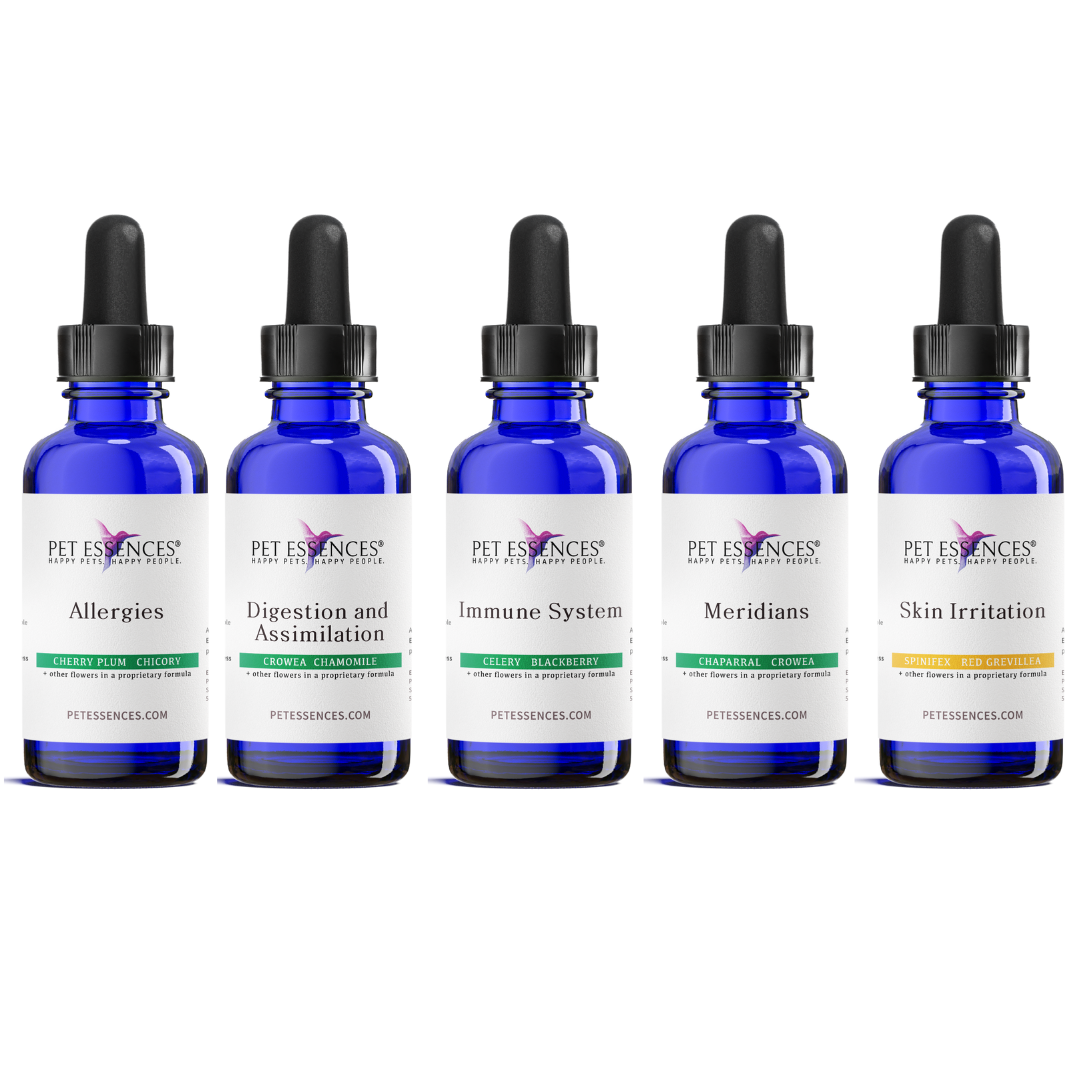 Pet Essences Allergies Bundle, five flower essence bottles for dogs and cats