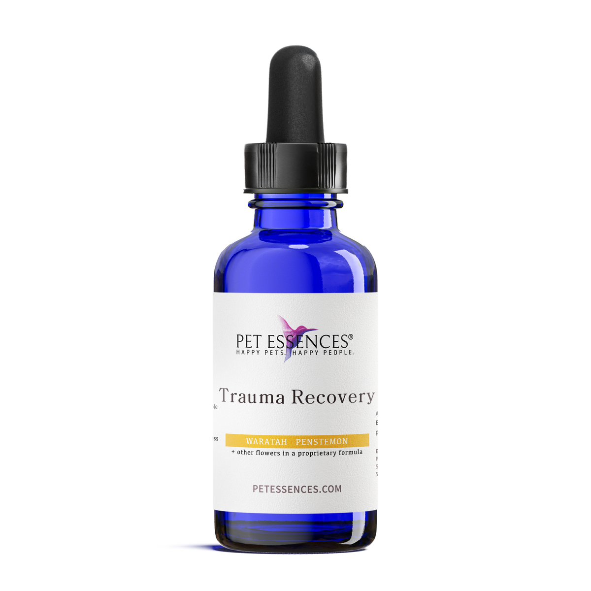 Pet Essences Trauma Recovery Formula, flower essence bottle for dogs and cats, front label