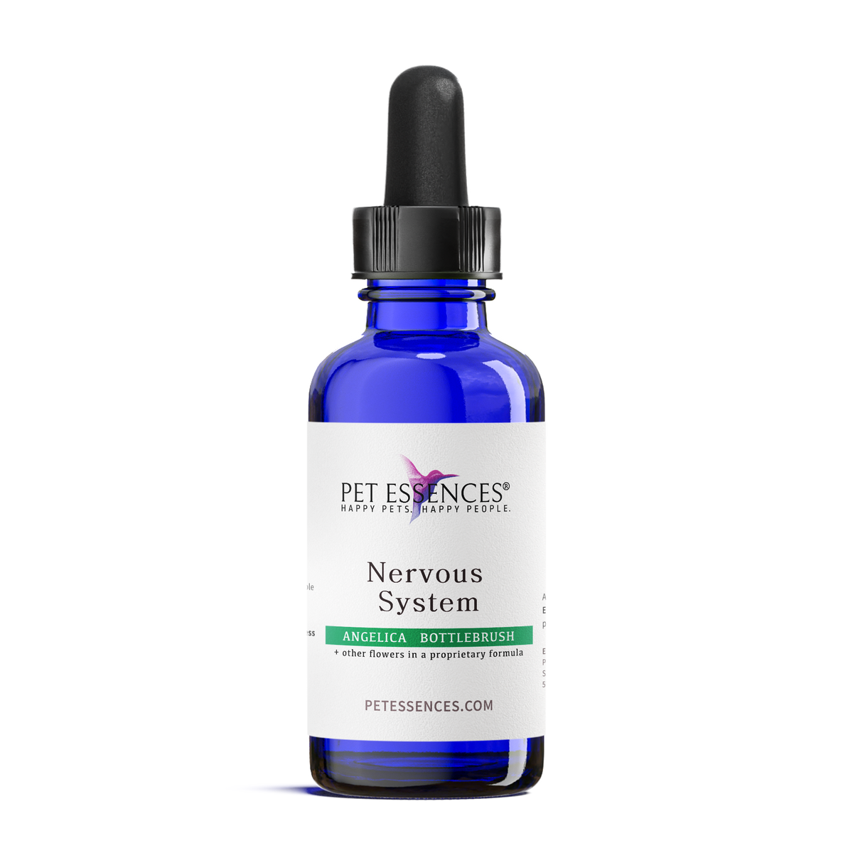 Pet Essences Nervous System Formula, flower essence bottle for dogs and cats, front label
